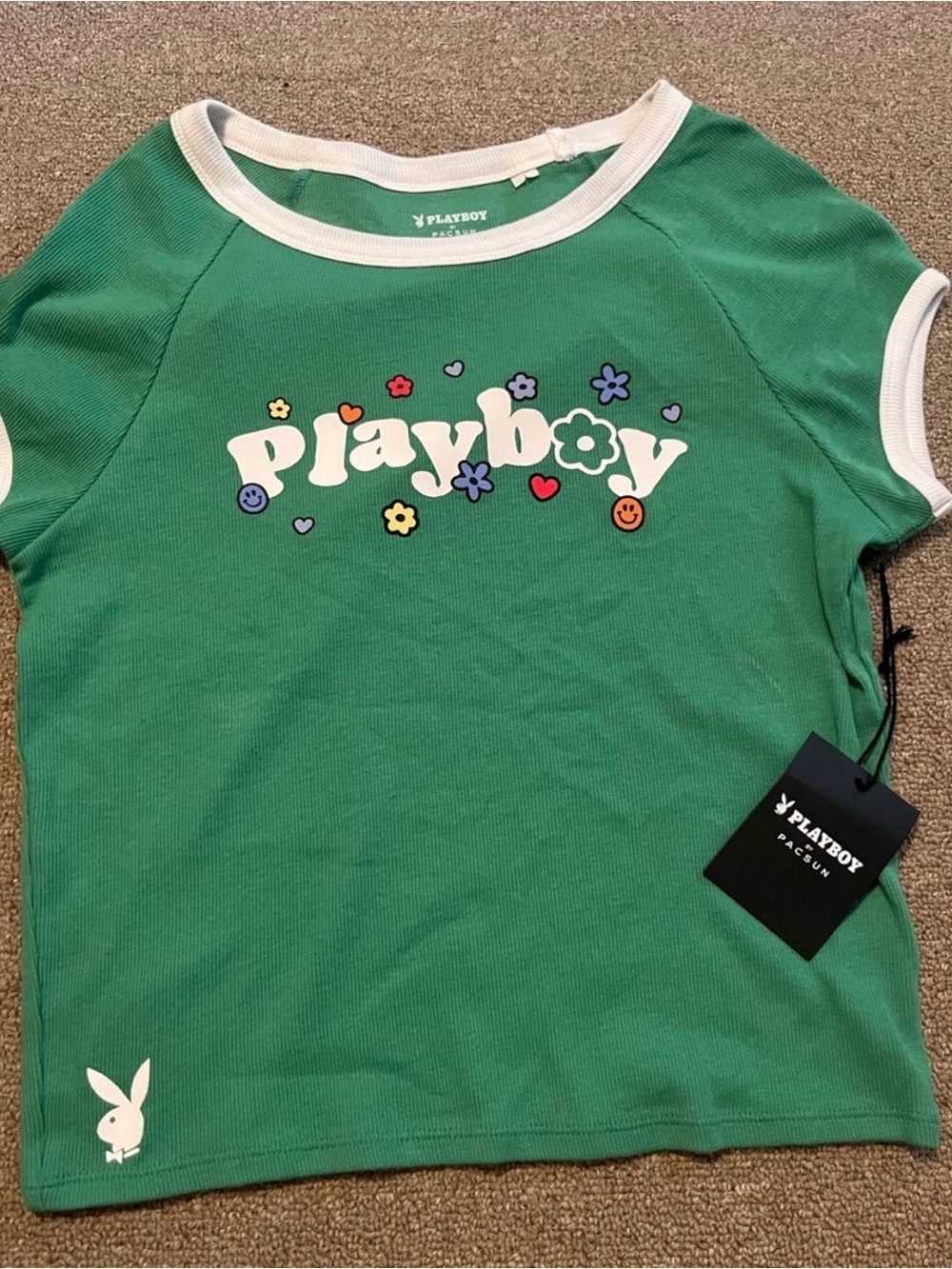 PLAYBOY Green Short Sleeve Ringer Tee with Flower & Smiley Graphics